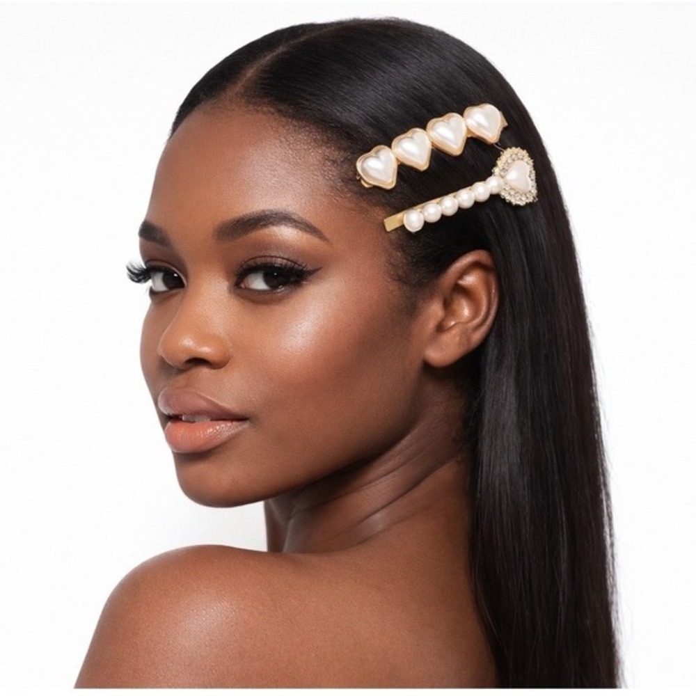 Aviv Woolley Collections Pearl Heart Hair Clips Set Gold Tone Wedding Glam J-01